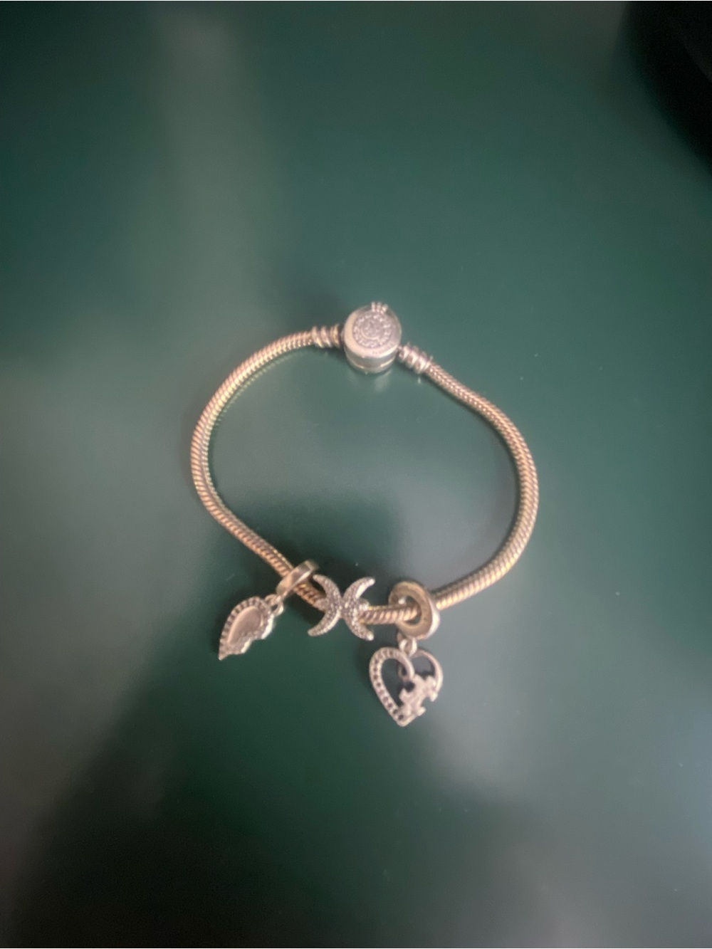 Pandora Silver Charm Bracelet with Heart, Leaf and Bow Charms